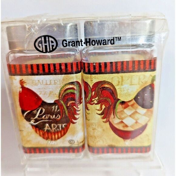 Grant Howard Country French Rooster Salt and Pepper Shakers Glass Metal Lid NIB - Picture 6 of 7